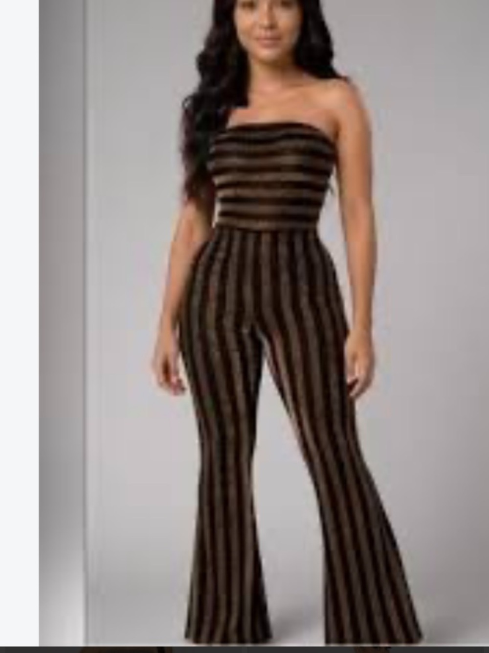 Fashion Nova Strapless Vertical Stripe Jumpsuit in Black and Copper